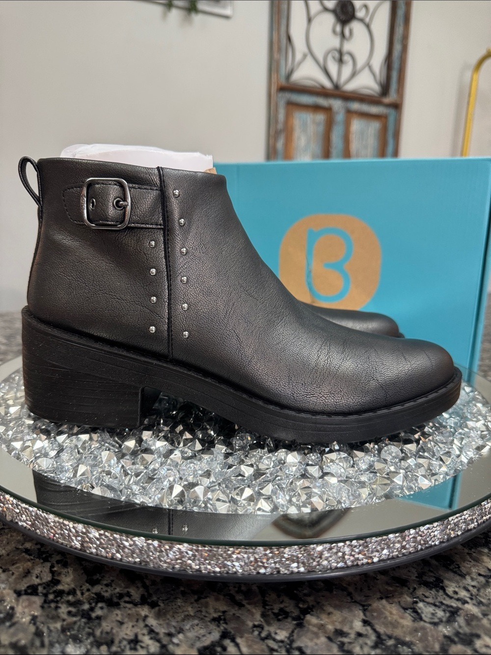 Bzees Black Studded Ankle Boot with Buckle Strap